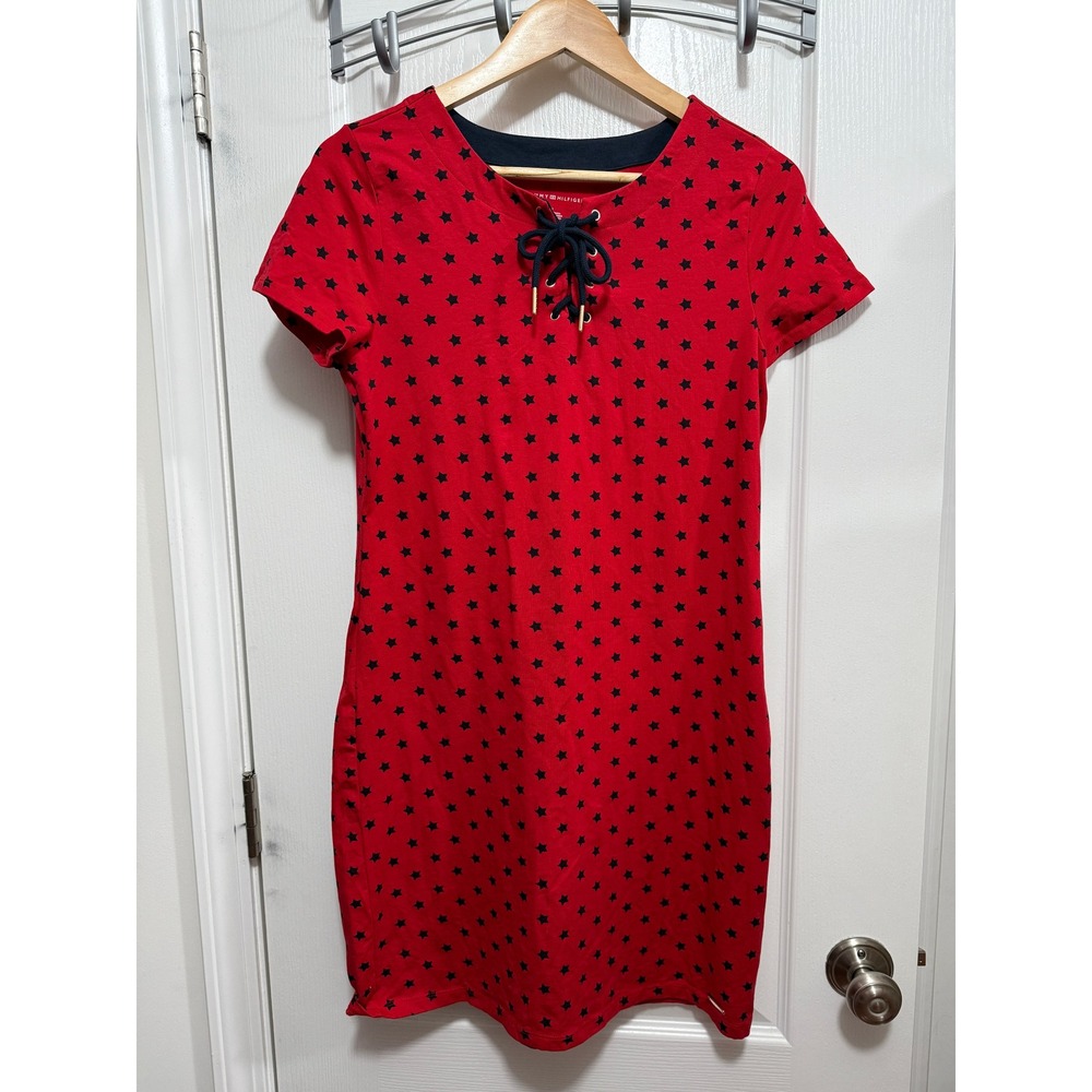 Tommy Hilfiger Womens Red Star Print Lace Up Neck T-Shirt Dress Size M